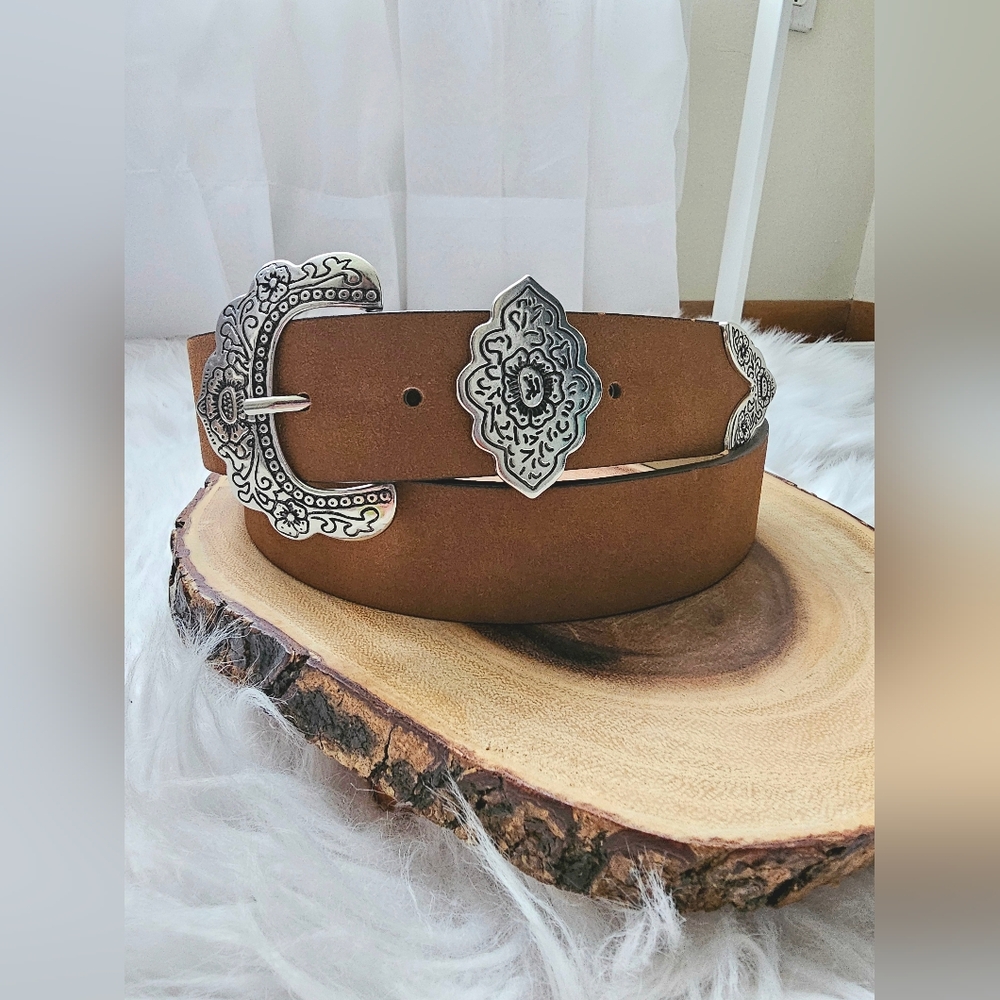 Brown Faux Leather Belt with Floral Western Silver Buckle